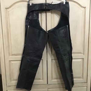 Unisex Black Leather Motorcycle Riding Biker Chaps Size XL EUC